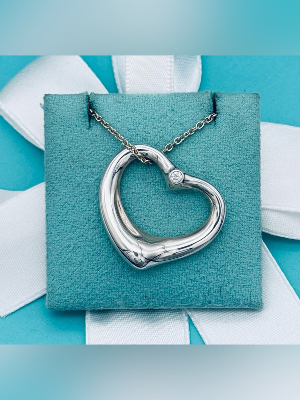 Tiffany & Co. Sterling Silver Diamond Open Heart Pendant Necklace 16”